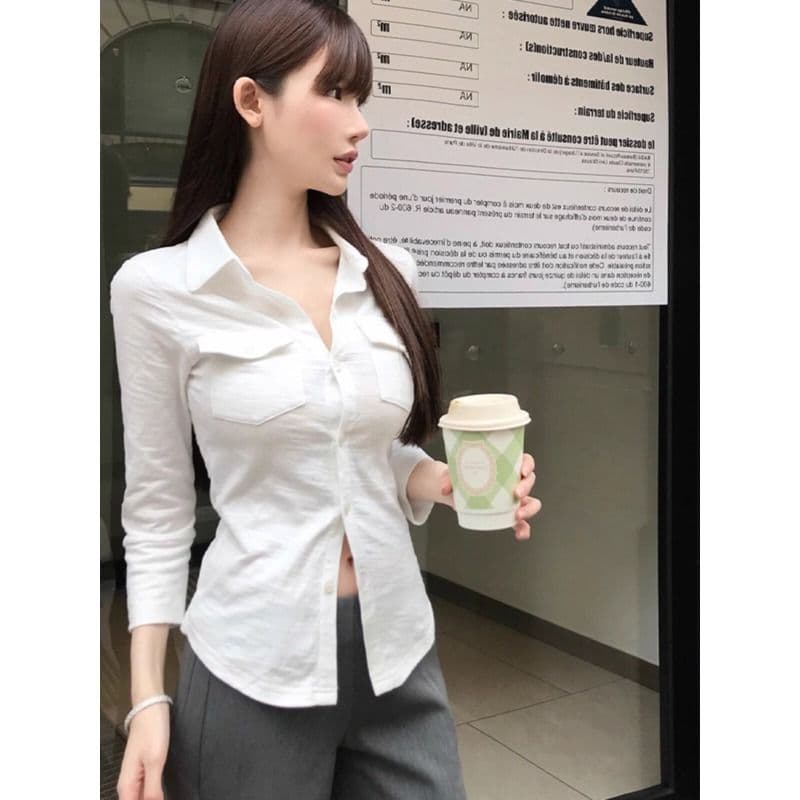 원본 대나무 마디 원단 느낌 긍정적 인 순수한 욕망 폴로 칼라 긴팔 셔츠 여성 의류 마이크로 지방 슬림해 보이는 맨위 새로운 이미지 3