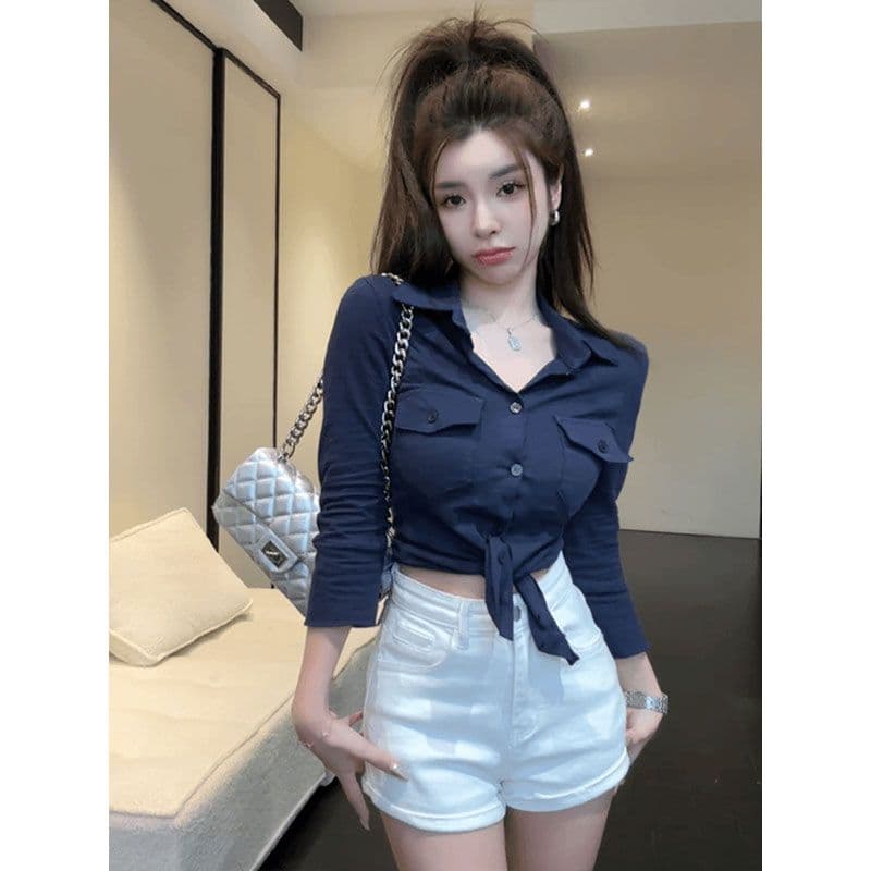 원본 대나무 마디 원단 느낌 긍정적 인 순수한 욕망 폴로 칼라 긴팔 셔츠 여성 의류 마이크로 지방 슬림해 보이는 맨위 새로운 이미지 2