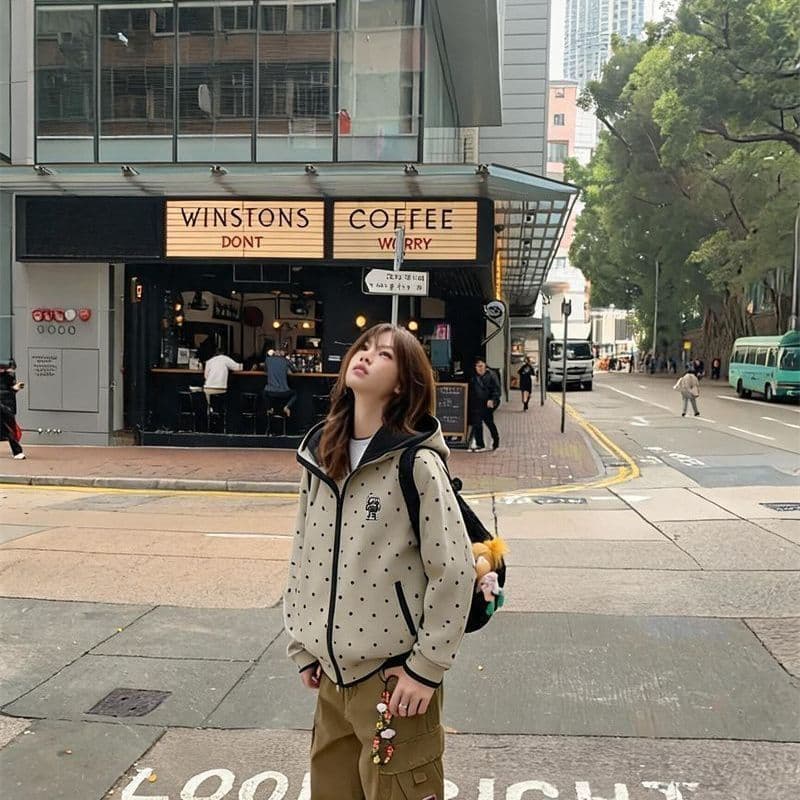 가을로 필수 배색 지퍼 한 부서 도트 무늬 후드 오픈 가디건 맨위 여성 루즈핏 캐주얼 후드티 재킷 이미지 3