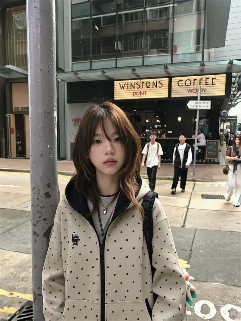 가을로 필수 배색 지퍼 한 부서 도트 무늬 후드 오픈 가디건 맨위 여성 루즈핏 캐주얼 후드티 재킷 상세 이미지 4
