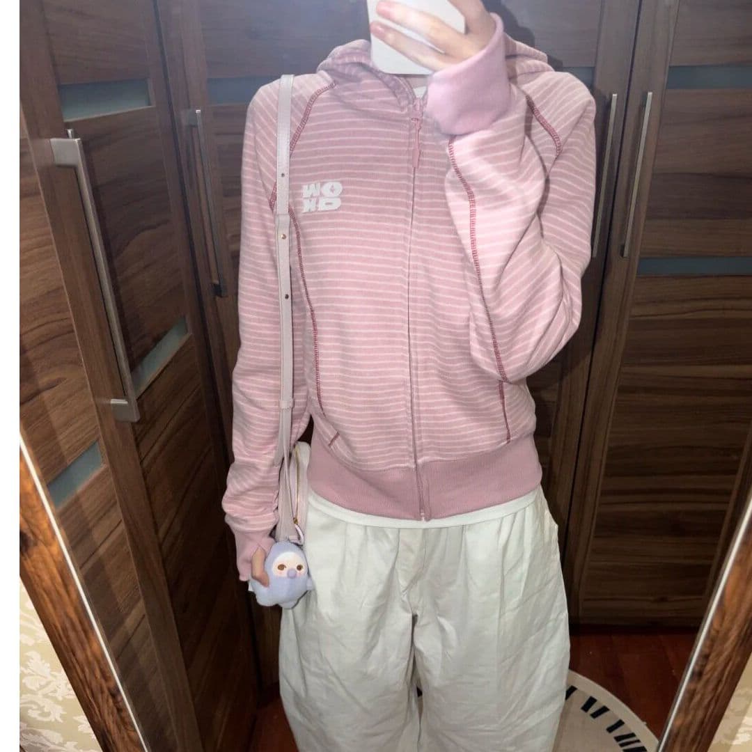 핫셀블라드 선 배색 스트라이프 봄 가을 후드 지퍼 후드티 여성 새로운 한 부서 허리 수축 쇼트 스타일 운동 카디건 코트 이미지 3