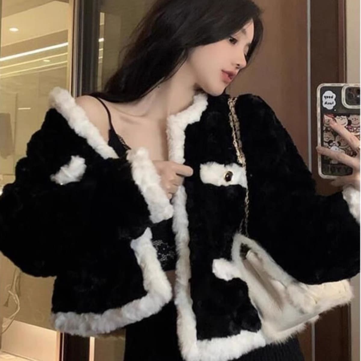 작은 샤넬 스타일 검정색 어린 양 플리스 여성 코트 봄 가을 겨울 고급 디자인 센스 작은 대중 튀김 거리 털이 많은 맨위 이미지 5