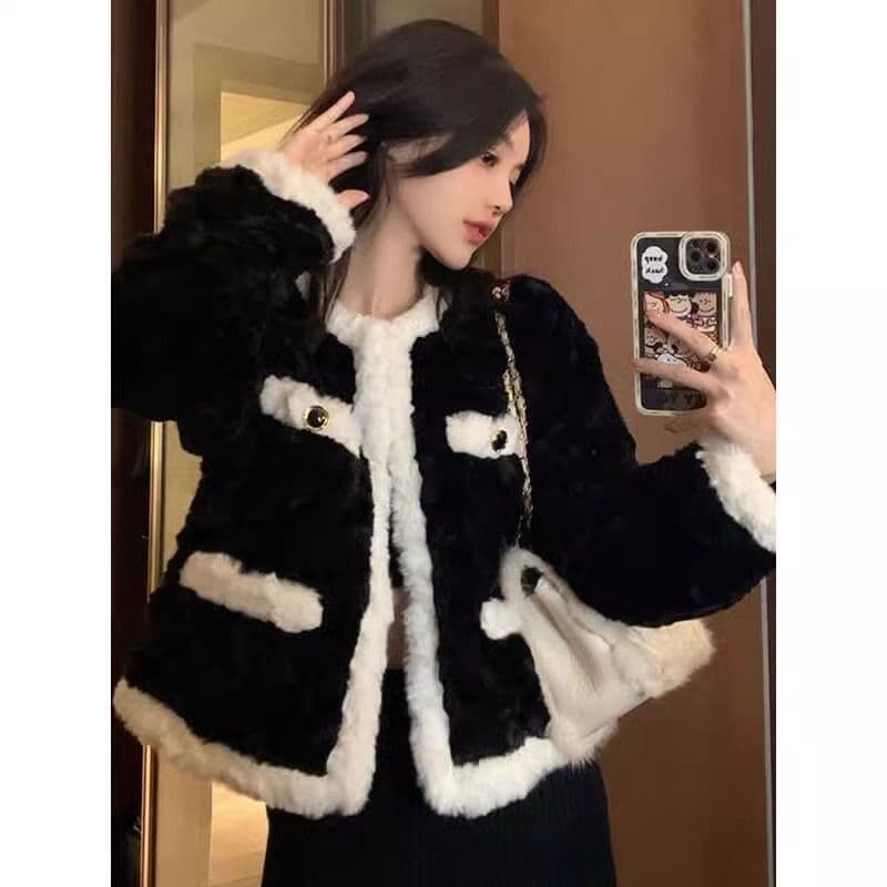 작은 샤넬 스타일 검정색 어린 양 플리스 여성 코트 봄 가을 겨울 고급 디자인 센스 작은 대중 튀김 거리 털이 많은 맨위 상세 이미지 2