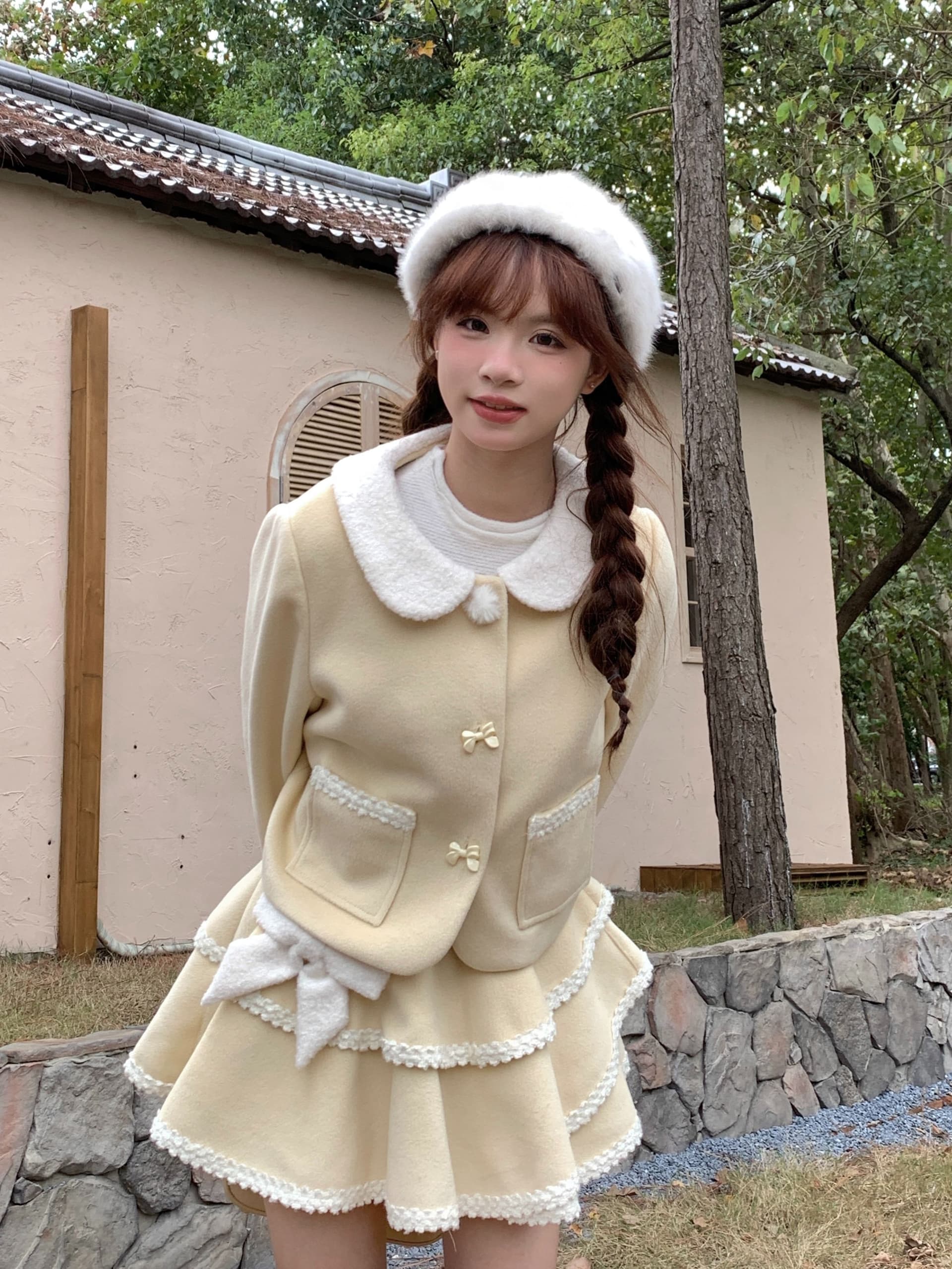 가을 겨울 새로운 우유 황색 다우 시시 조기 가을 모직 올해 인기 아름다운 세트 치마 투피스 슈트 여성 이미지 3