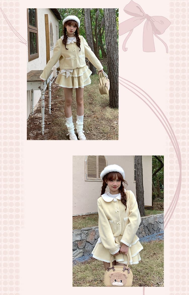 가을 겨울 새로운 우유 황색 다우 시시 조기 가을 모직 올해 인기 아름다운 세트 치마 투피스 슈트 여성 상세 이미지 3