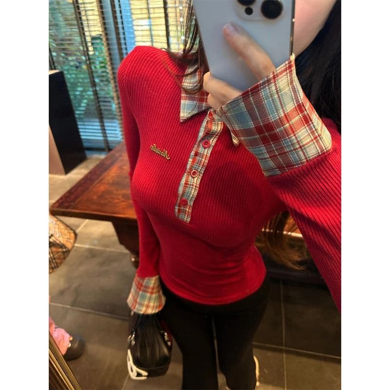 뮤 S 양모 원본 품질 POLO 칼라 긴팔 티셔츠 여성 가을 겨울 디자인 센스 페이크 레이어드 기본 셔츠 이미지 2