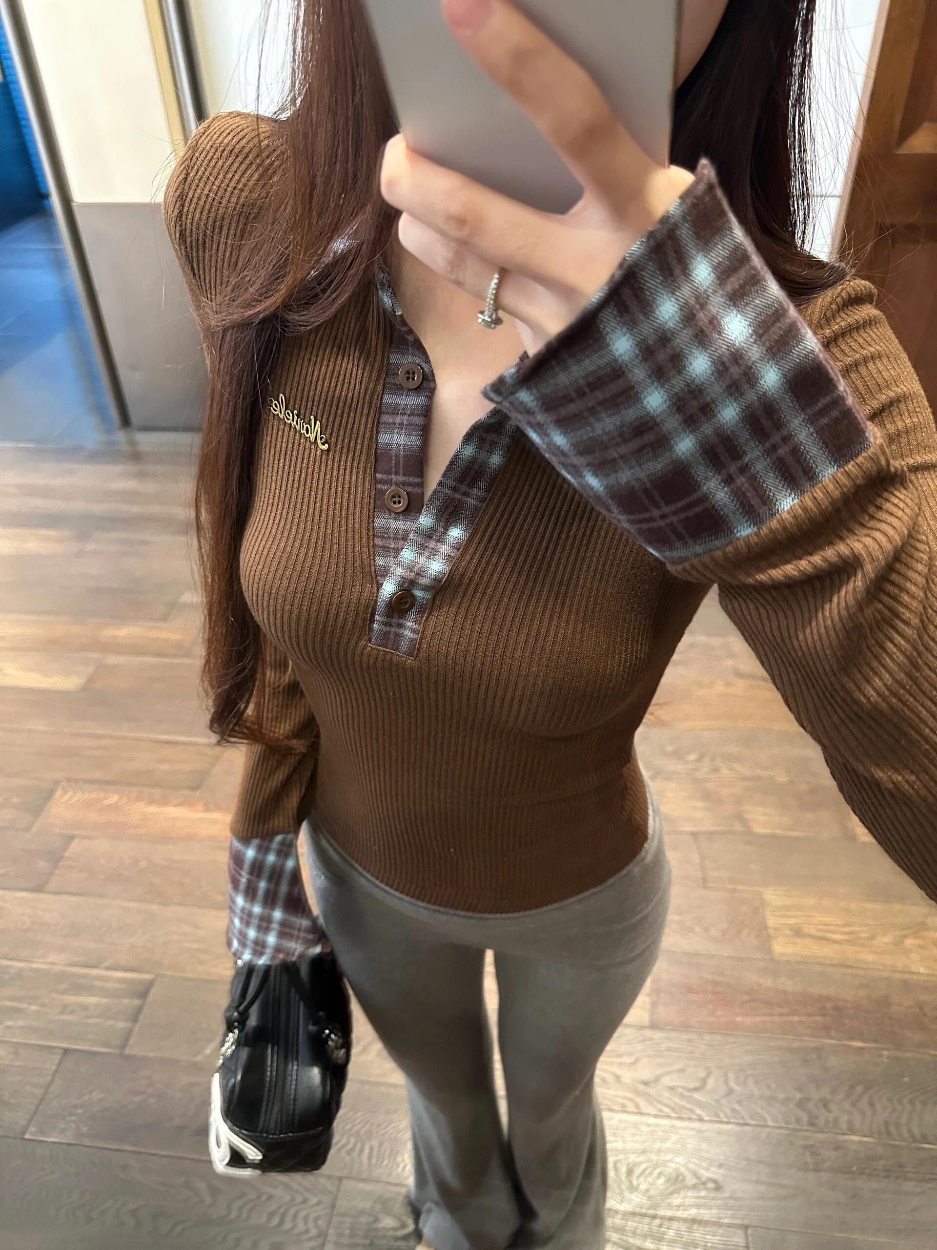 뮤 S 양모 원본 품질 POLO 칼라 긴팔 티셔츠 여성 가을 겨울 디자인 센스 페이크 레이어드 기본 셔츠 상세 이미지 4