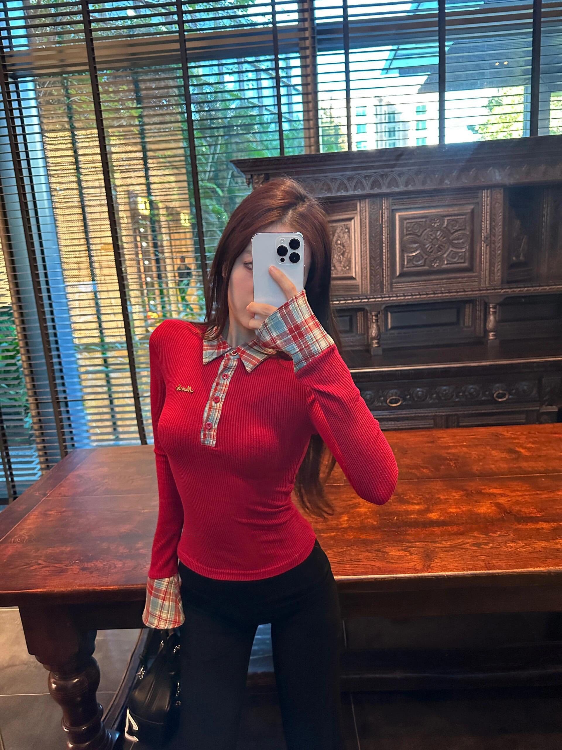 뮤 S 양모 원본 품질 POLO 칼라 긴팔 티셔츠 여성 가을 겨울 디자인 센스 페이크 레이어드 기본 셔츠 상세 이미지 6