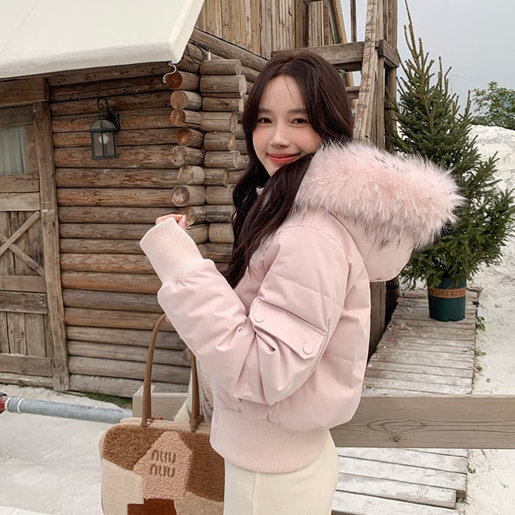 2026 작은 마을 산산 눈 반사하다 阑珊 시뮬레이션 전갈 모피 칼라 면 의류 여성 겨울 방풍 짧은 후드 작은 키 재킷 이미지 3
