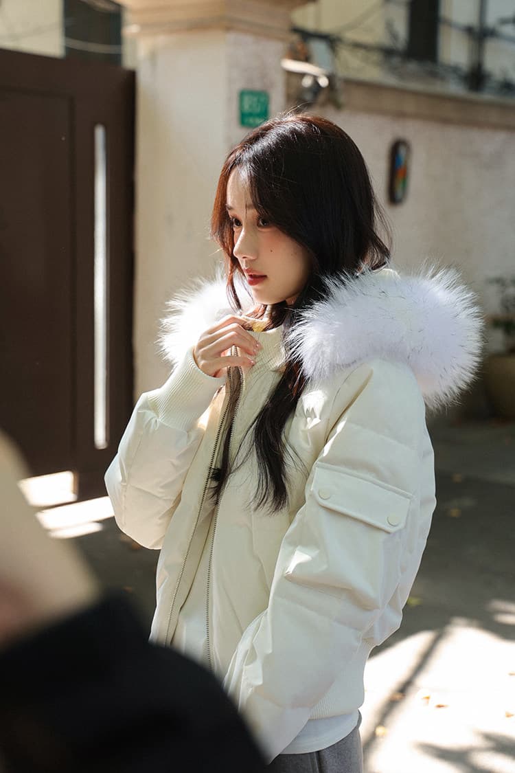2026 작은 마을 산산 눈 반사하다 阑珊 시뮬레이션 전갈 모피 칼라 면 의류 여성 겨울 방풍 짧은 후드 작은 키 재킷 상세 이미지 57