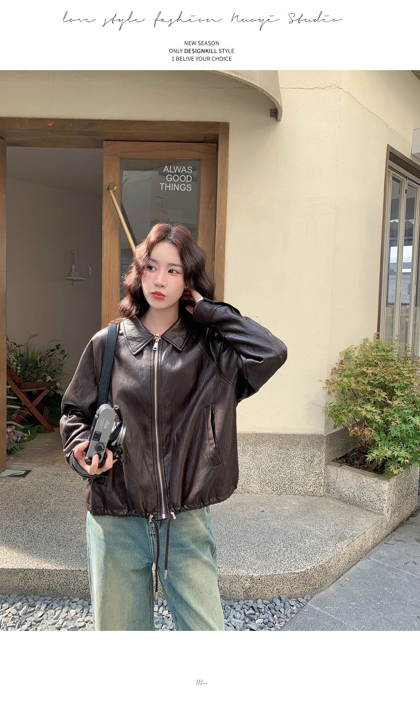 2026 가을 새로운 한 부서 품격 폴로 칼라 PU 가죽 외투 여성 짧은 펌프 로프 슬림해 보이는 오토바이 재킷 맨위 상세 이미지 2