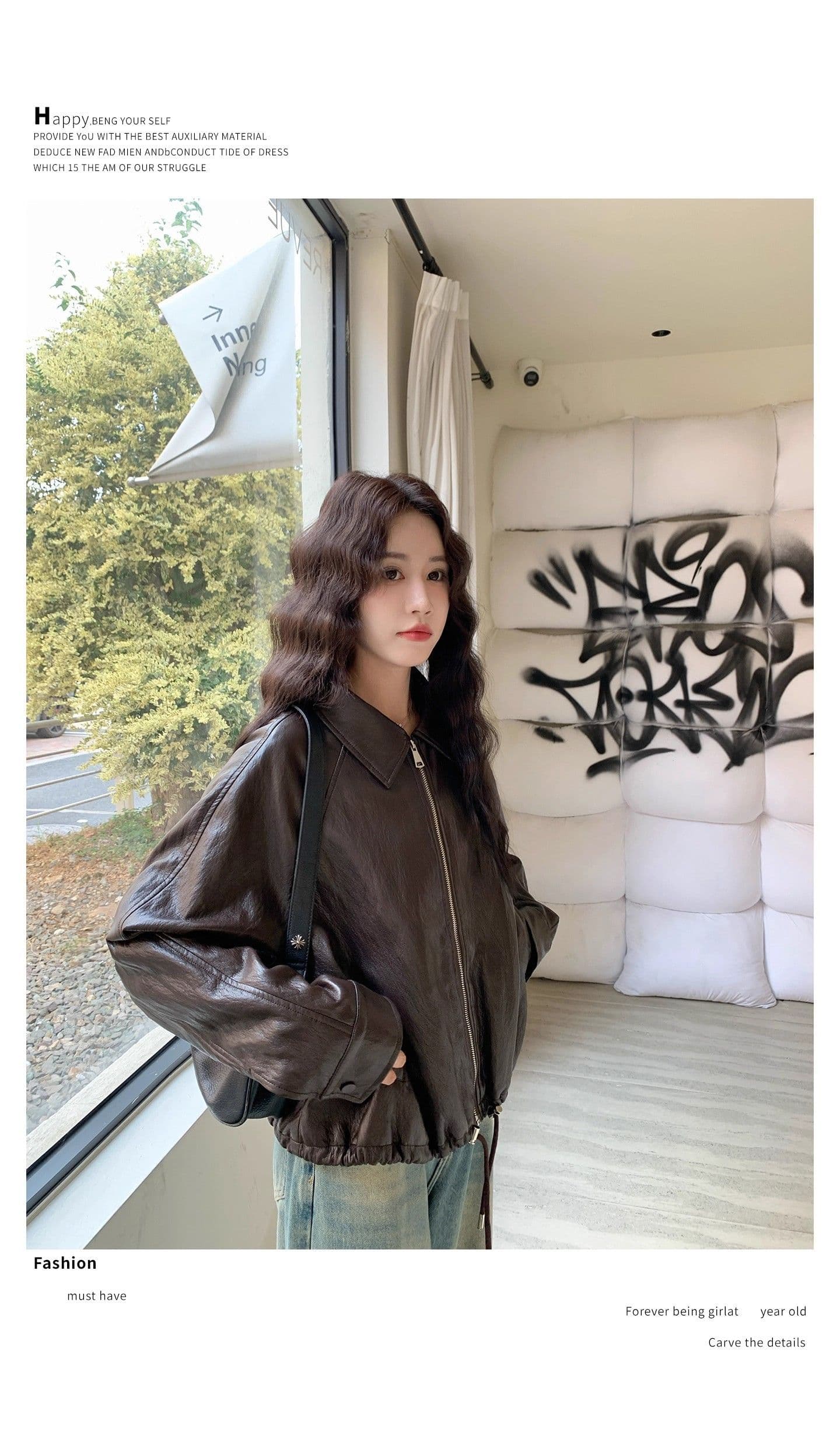 2026 가을 새로운 한 부서 품격 폴로 칼라 PU 가죽 외투 여성 짧은 펌프 로프 슬림해 보이는 오토바이 재킷 맨위 상세 이미지 5