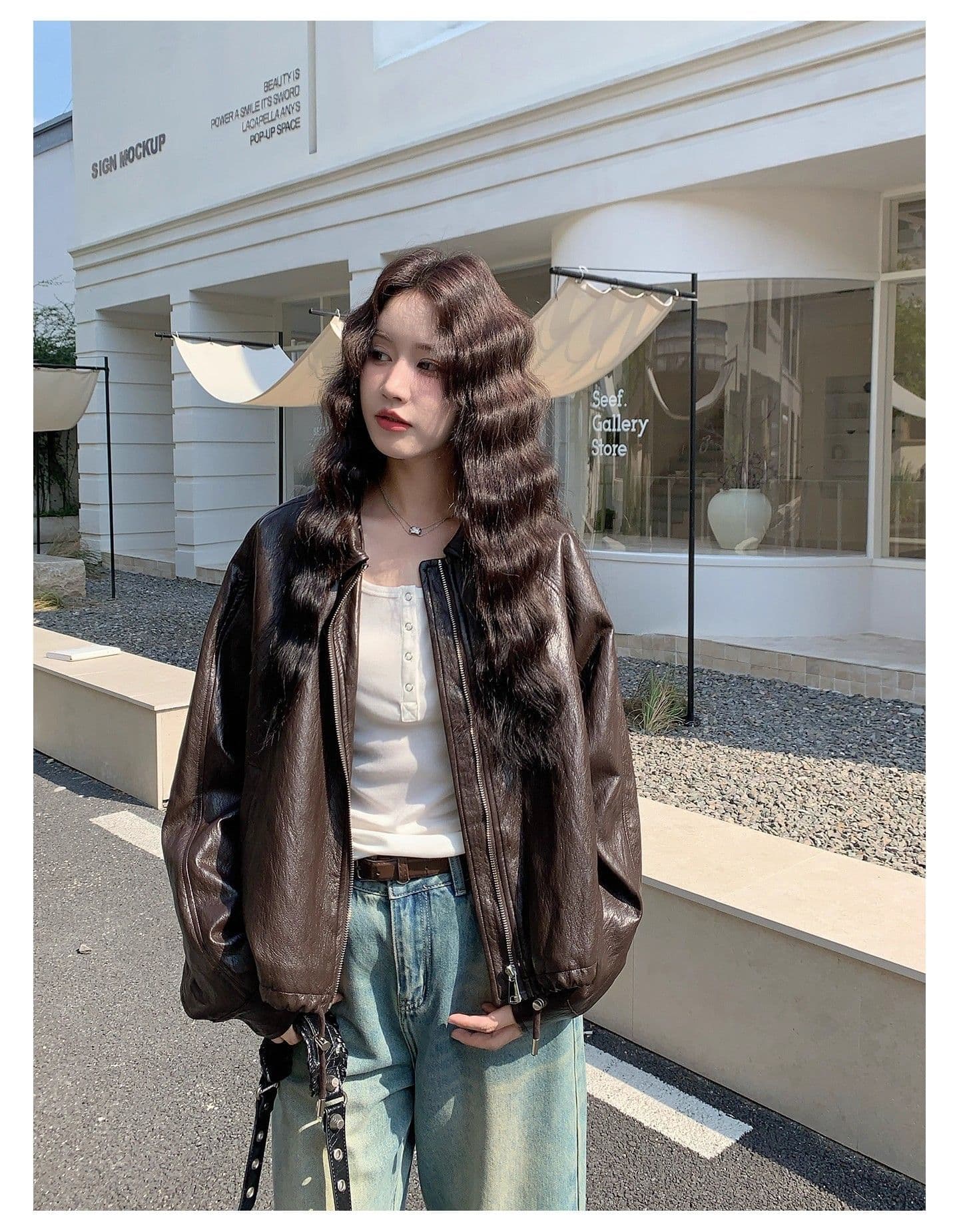 2026 가을 새로운 한 부서 품격 폴로 칼라 PU 가죽 외투 여성 짧은 펌프 로프 슬림해 보이는 오토바이 재킷 맨위 상세 이미지 9