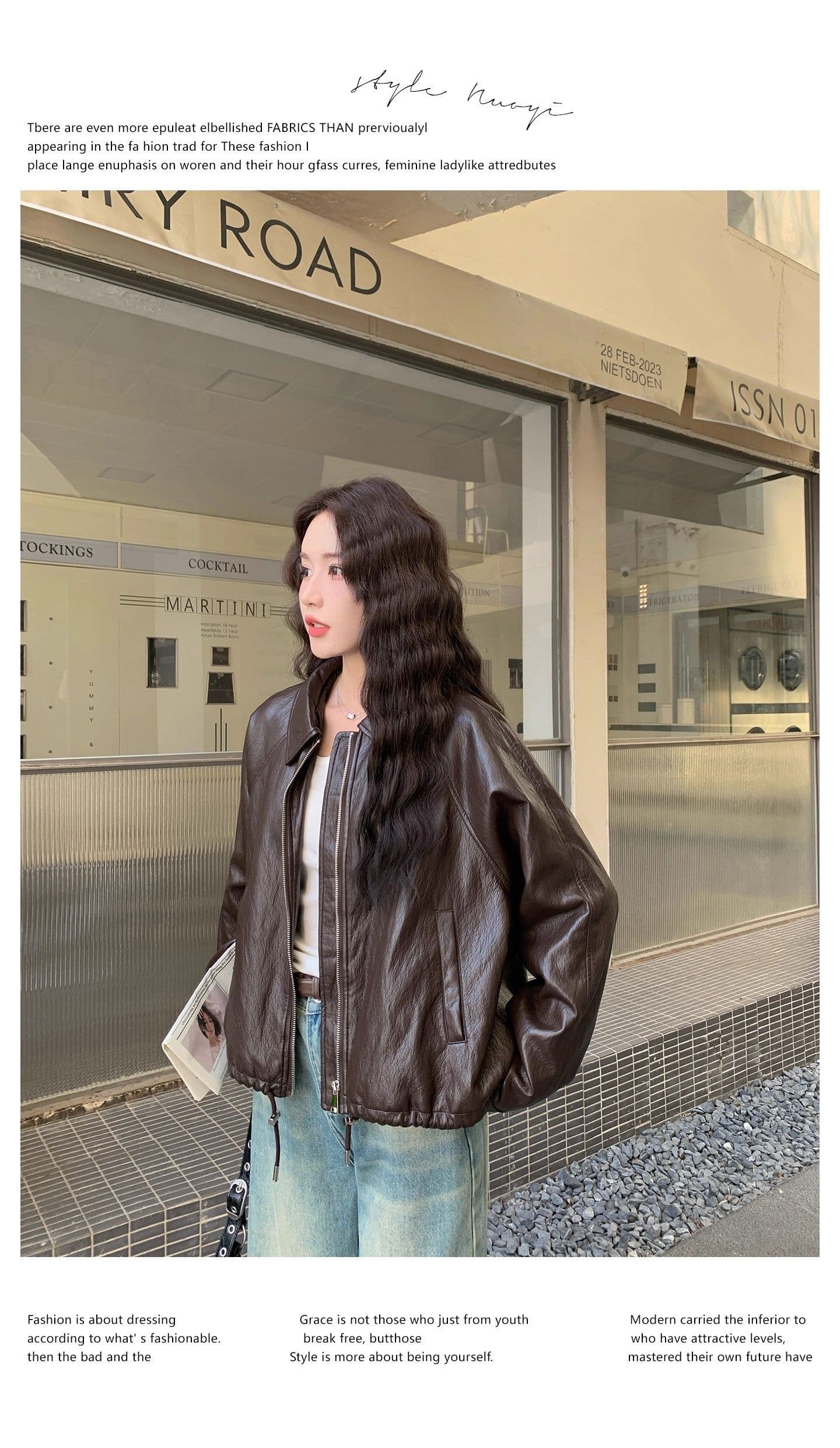 2026 가을 새로운 한 부서 품격 폴로 칼라 PU 가죽 외투 여성 짧은 펌프 로프 슬림해 보이는 오토바이 재킷 맨위 상세 이미지 14