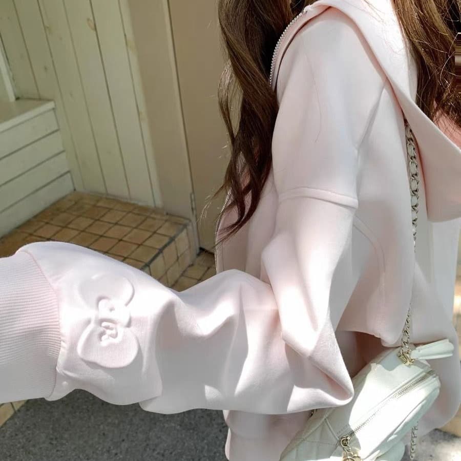 2026 가을 얇은 스타일 범프 인쇄 백금 지퍼 이후 패키지 칼라 순수한 Mianhua 면 복합 후드티 여성 이미지 5