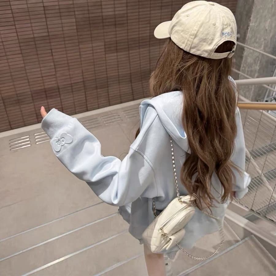 2026 가을 얇은 스타일 범프 인쇄 백금 지퍼 이후 패키지 칼라 순수한 Mianhua 면 복합 후드티 여성