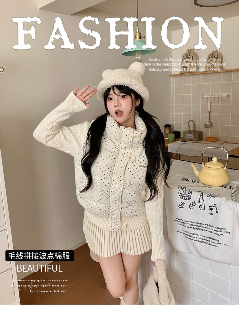 한 부서 달콤함 도트 무늬 니트 패치워크 긴팔 면 의류 여성 코트 겨울 루즈핏 두꺼운 쇼트 스타일 보온 패딩 재킷 상세 이미지 2