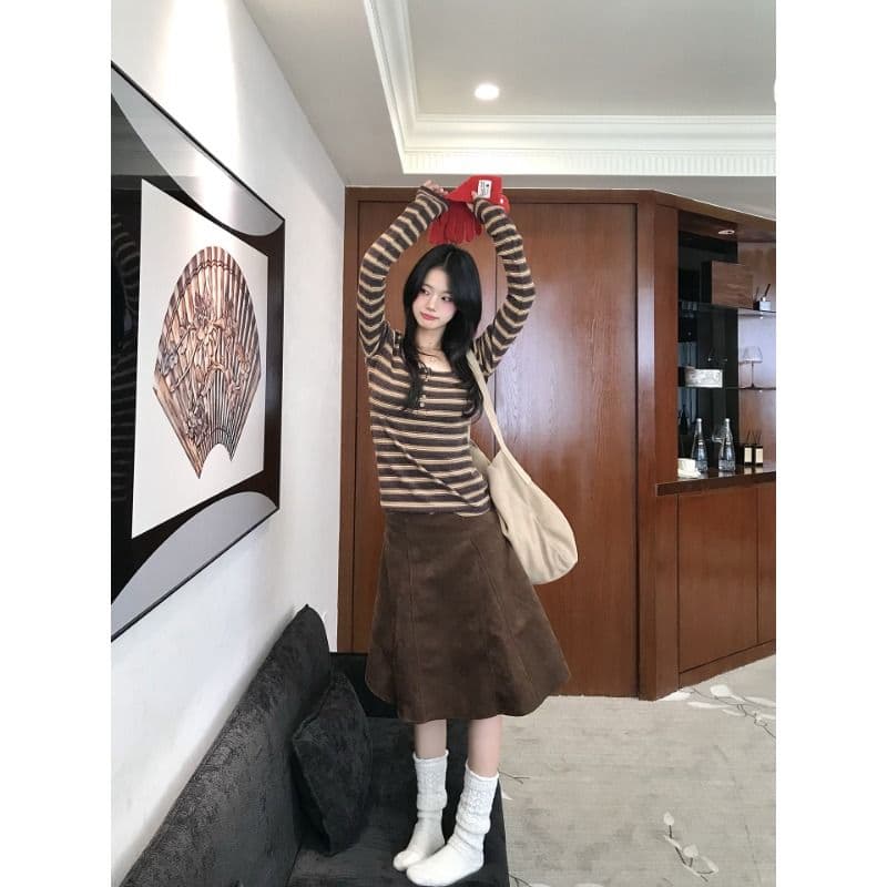 양모 원본 원단 한 부서 스트라이프 티셔츠 가을 긴팔 기본 셔츠 미니멀리즘 인사이드 착용 외부 잡아라. 의류 이미지 3