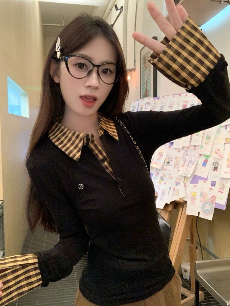 원본 원단 체크무늬 페이크 레이어드 긍정적 인 어깨 긴팔 티셔츠 여성 가을 몸매 가꾸기 POLO 칼라 핫걸 맨위 상세 이미지 2