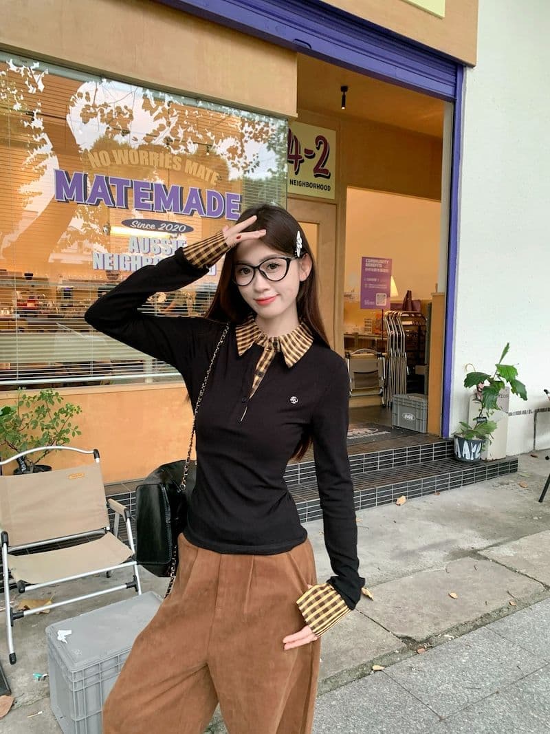 원본 원단 체크무늬 페이크 레이어드 긍정적 인 어깨 긴팔 티셔츠 여성 가을 몸매 가꾸기 POLO 칼라 핫걸 맨위 상세 이미지 9