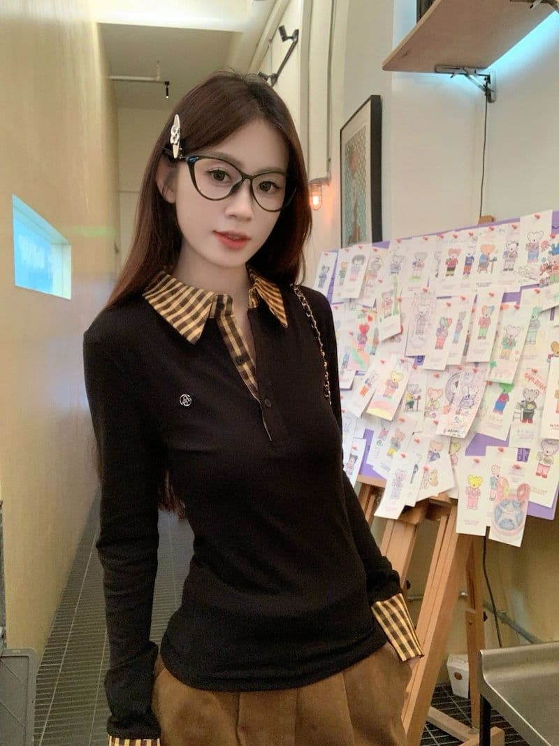 원본 원단 체크무늬 페이크 레이어드 긍정적 인 어깨 긴팔 티셔츠 여성 가을 몸매 가꾸기 POLO 칼라 핫걸 맨위 상세 이미지 19