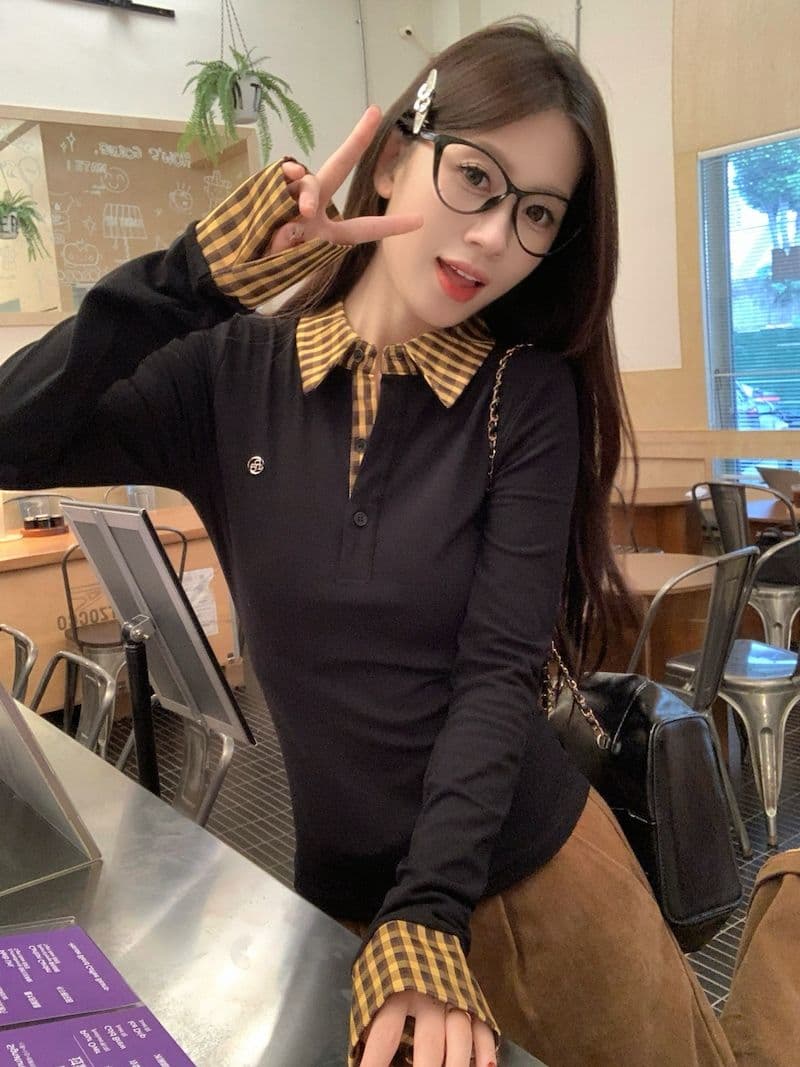 원본 원단 체크무늬 페이크 레이어드 긍정적 인 어깨 긴팔 티셔츠 여성 가을 몸매 가꾸기 POLO 칼라 핫걸 맨위 상세 이미지 20