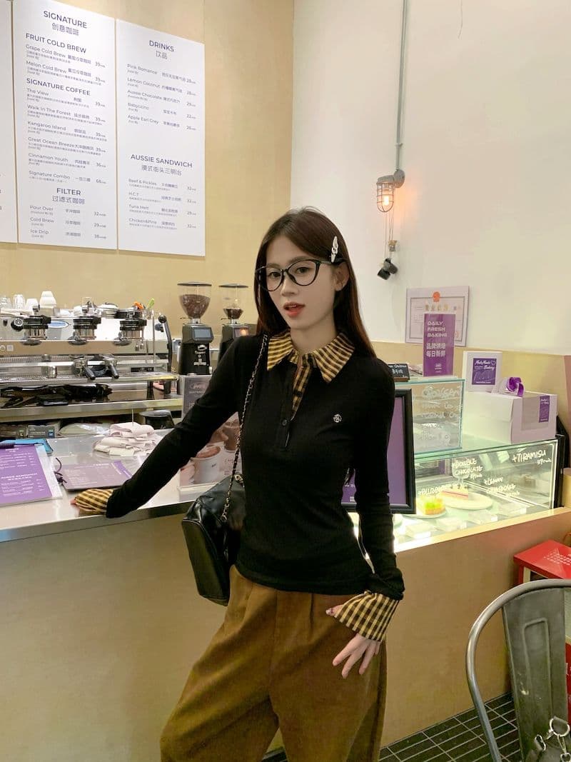 원본 원단 체크무늬 페이크 레이어드 긍정적 인 어깨 긴팔 티셔츠 여성 가을 몸매 가꾸기 POLO 칼라 핫걸 맨위 상세 이미지 21