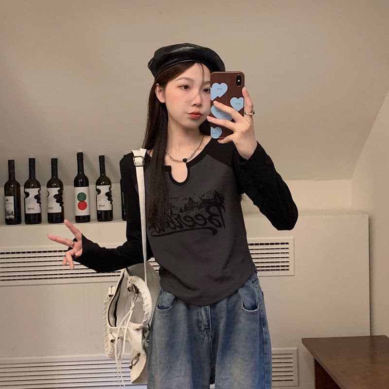 4 색 아메리칸 레트로 V넥 긍정적 인 어깨 배색 긴팔 티셔츠 여성 가을 겨울철 몸매 가꾸기 불규칙 기본 셔츠 상세 이미지 8
