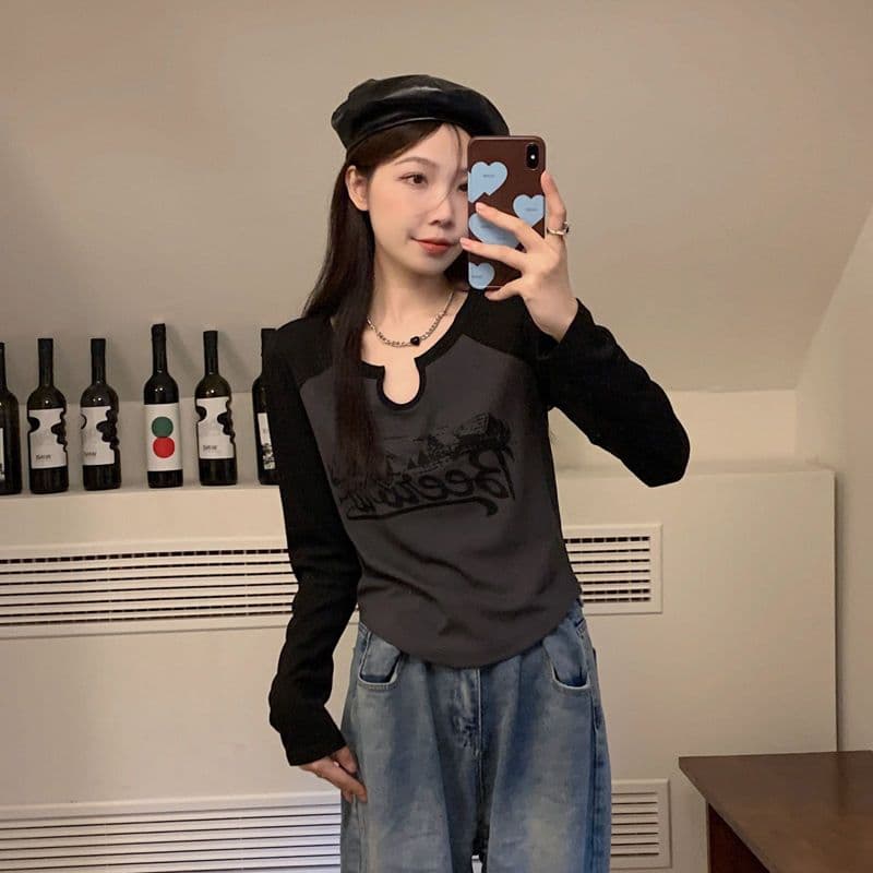 4 색 아메리칸 레트로 V넥 긍정적 인 어깨 배색 긴팔 티셔츠 여성 가을 겨울철 몸매 가꾸기 불규칙 기본 셔츠 상세 이미지 12