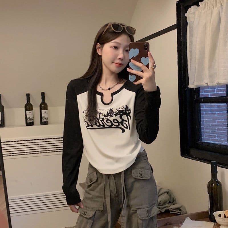 4 색 아메리칸 레트로 V넥 긍정적 인 어깨 배색 긴팔 티셔츠 여성 가을 겨울철 몸매 가꾸기 불규칙 기본 셔츠 상세 이미지 14