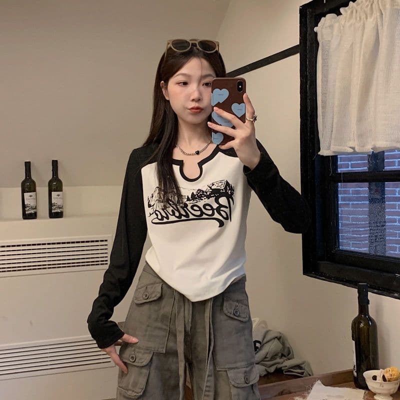 4 색 아메리칸 레트로 V넥 긍정적 인 어깨 배색 긴팔 티셔츠 여성 가을 겨울철 몸매 가꾸기 불규칙 기본 셔츠 상세 이미지 20