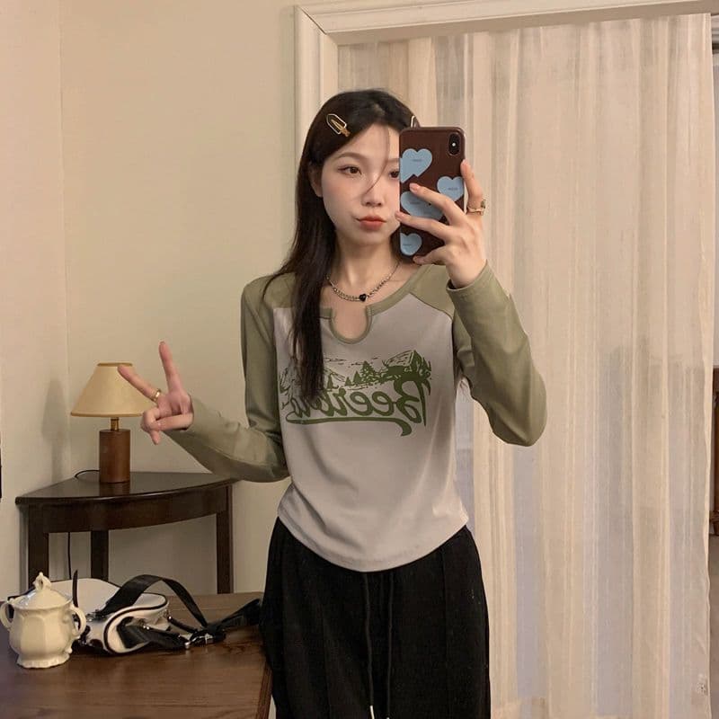 4 색 아메리칸 레트로 V넥 긍정적 인 어깨 배색 긴팔 티셔츠 여성 가을 겨울철 몸매 가꾸기 불규칙 기본 셔츠 상세 이미지 26