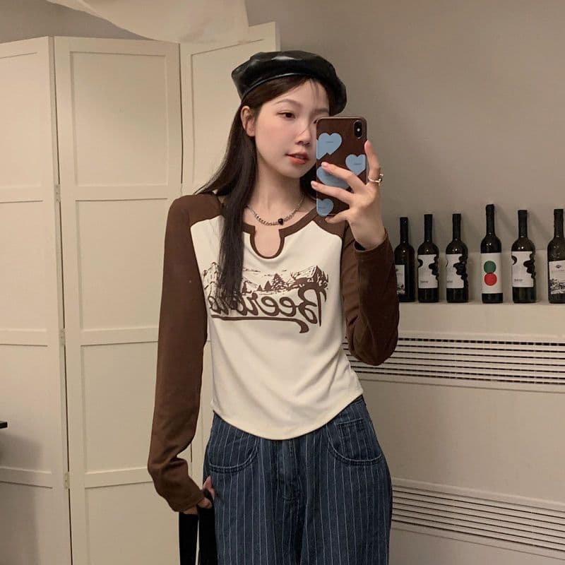 4 색 아메리칸 레트로 V넥 긍정적 인 어깨 배색 긴팔 티셔츠 여성 가을 겨울철 몸매 가꾸기 불규칙 기본 셔츠 상세 이미지 32