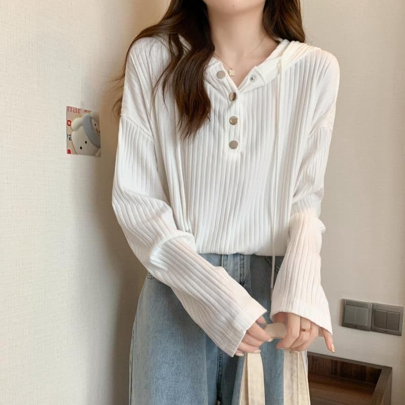 2 색 한국 스타일 여성 의류 표지 배 느긋한 바람 루즈핏 다용도 맨위 슬림해 보이는 후드 긴팔 기본 셔츠 상세 이미지 13