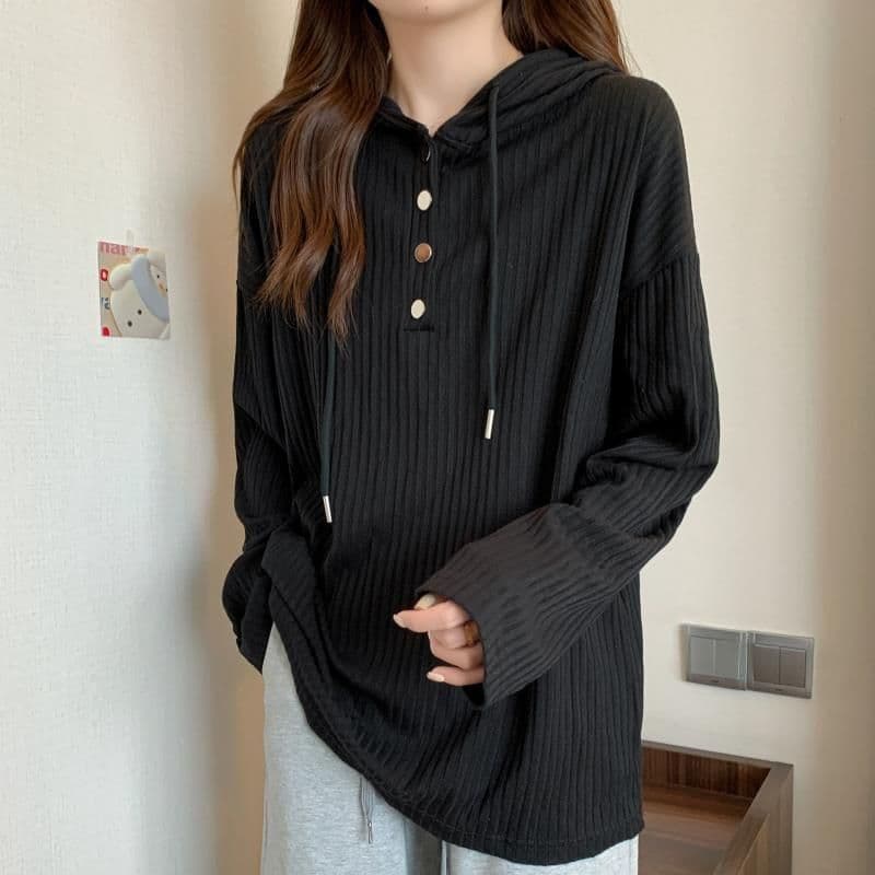 2 색 한국 스타일 여성 의류 표지 배 느긋한 바람 루즈핏 다용도 맨위 슬림해 보이는 후드 긴팔 기본 셔츠 상세 이미지 17