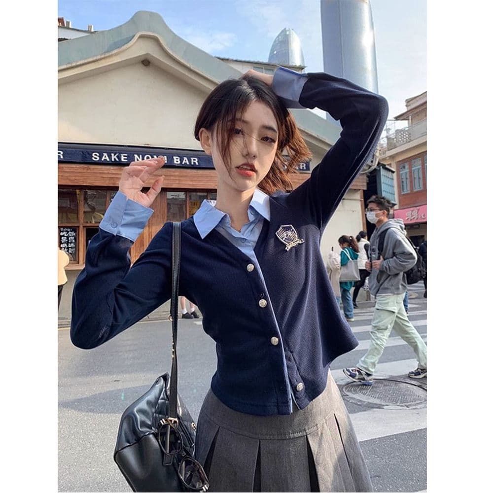 원본 것 페이크 레이어드 POLO 칼라 여성 셔츠 가을 학원 스타일 몸매 가꾸기 슬림해 보이는 쇼트 스타일 오픈 가디건 맨위 이미지 2
