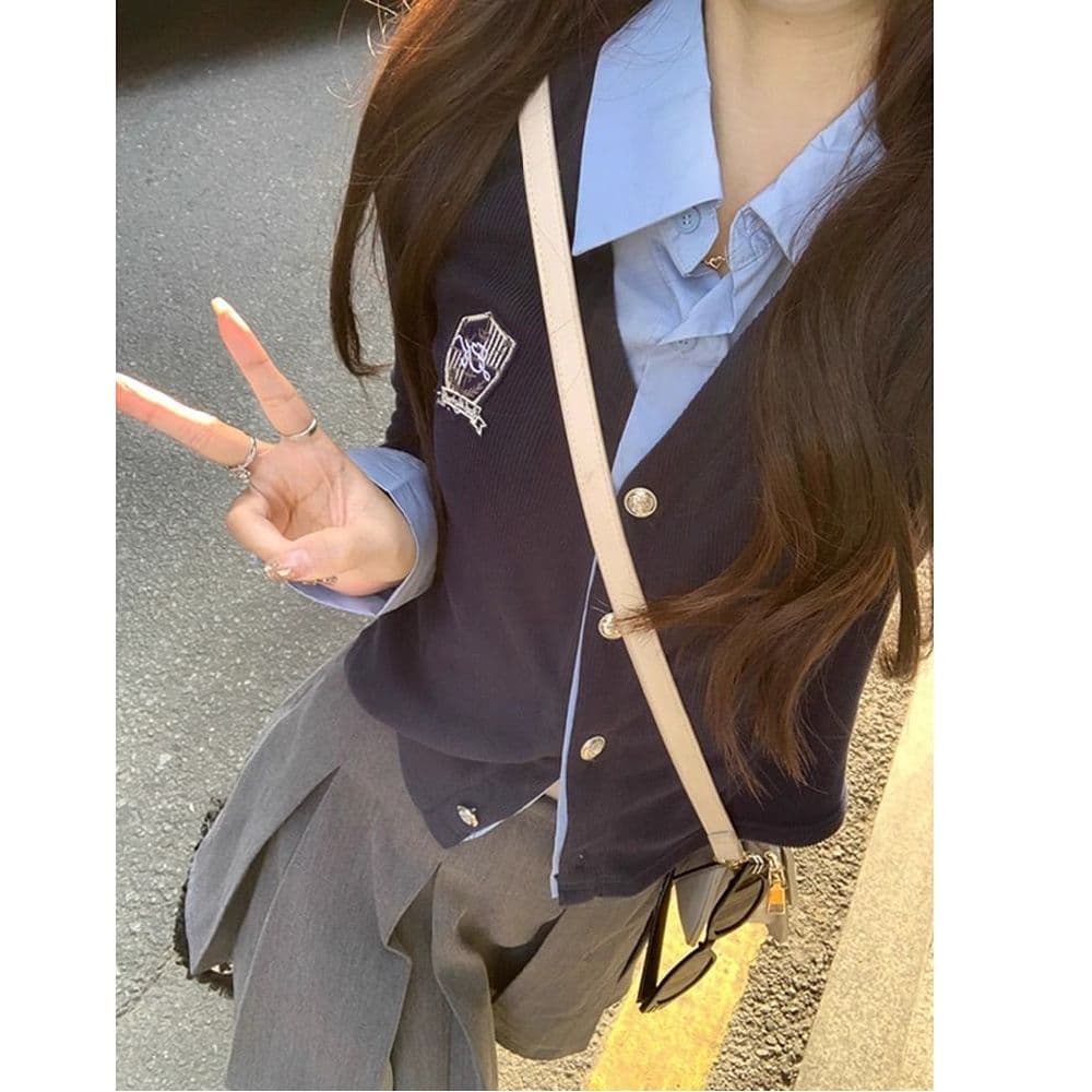 원본 것 페이크 레이어드 POLO 칼라 여성 셔츠 가을 학원 스타일 몸매 가꾸기 슬림해 보이는 쇼트 스타일 오픈 가디건 맨위 이미지 3