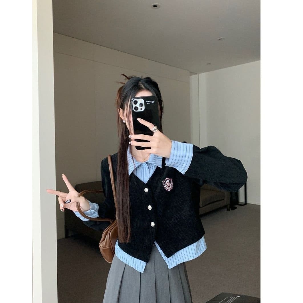 2026 원본 것 학원 스타일 세트 여성 페이크 레이어드 POLO 칼라 긴팔 셔츠 조기 가을 이미지 2