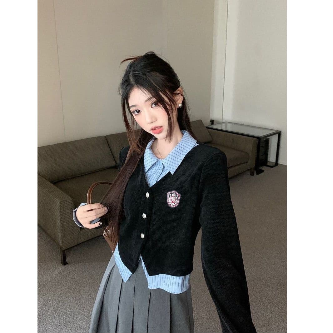 2026 원본 것 학원 스타일 세트 여성 페이크 레이어드 POLO 칼라 긴팔 셔츠 조기 가을 이미지 3
