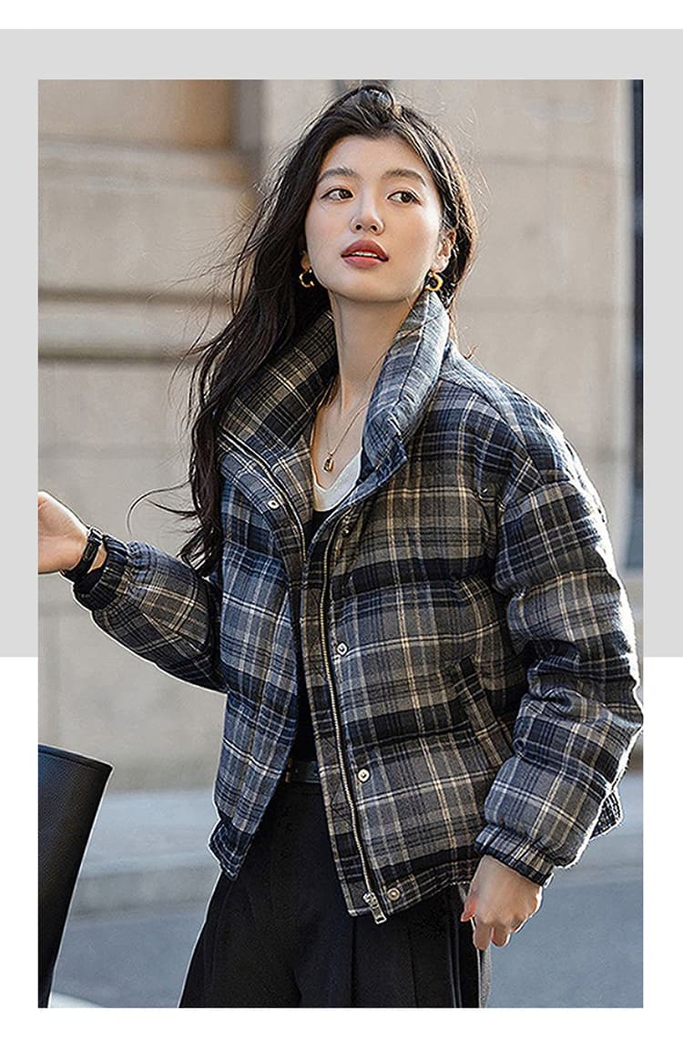 2026 겨울 새로운 패션 체크무늬 면 의류 여성 외국 가스 연령 감소 슬림해 보이는 두꺼운 보온 스탠드 칼라 면 옷 재킷 트렌디 상세 이미지 7