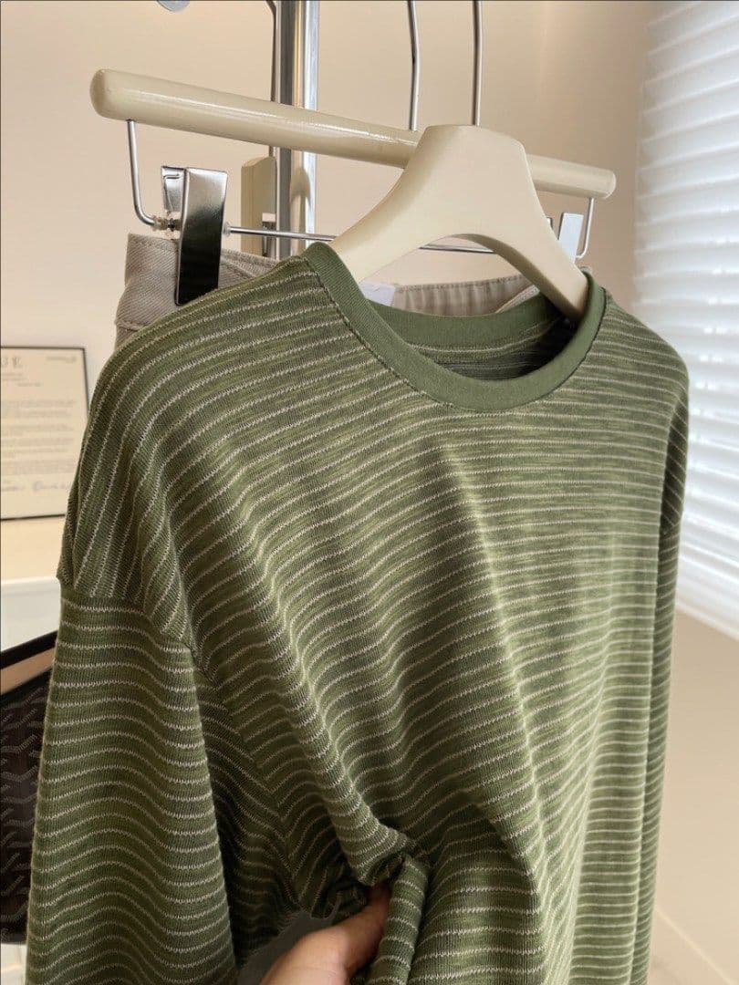 케이블 루오 Na 네클라인 원본 원단 200 kg 특별 빅 사이즈 레트로 스트라이프 라운드 넥 티셔츠 여성 이미지 2
