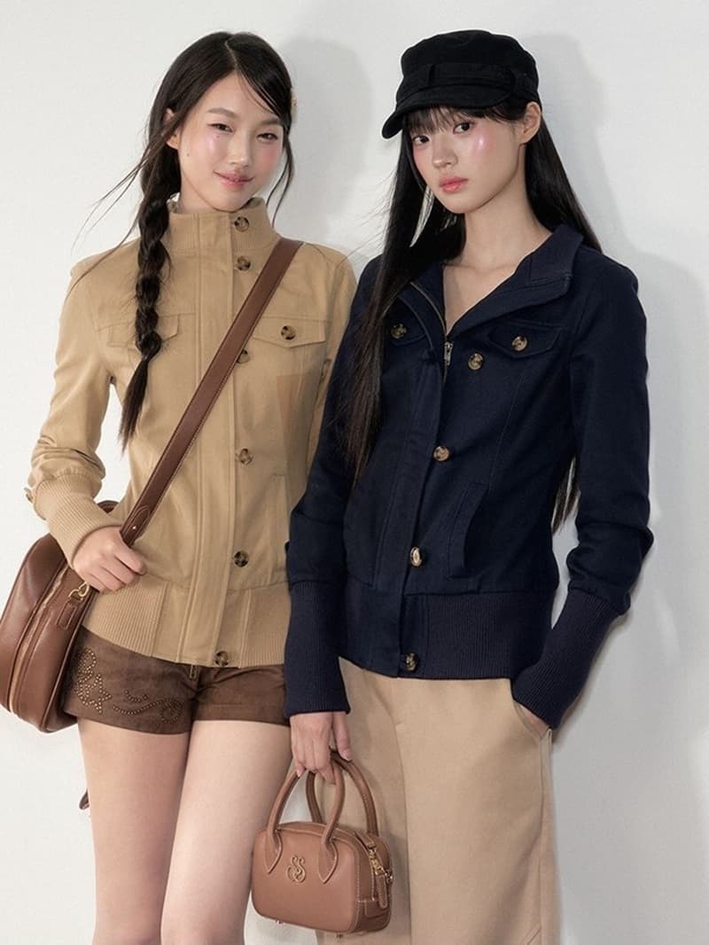 oote seaso 오리지널 한 부서 레트로 몸매 가꾸기 슬림해 보이는 지퍼 부서 버클 반하이넥 짧은 외투 맨위 여성