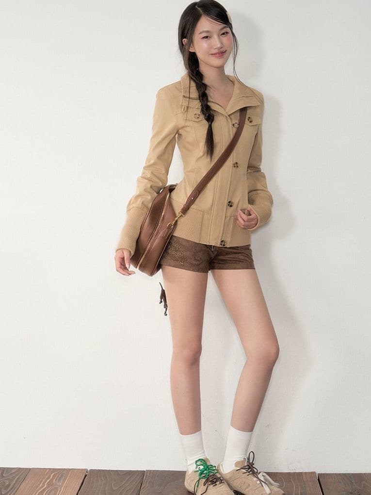 oote seaso 오리지널 한 부서 레트로 몸매 가꾸기 슬림해 보이는 지퍼 부서 버클 반하이넥 짧은 외투 맨위 여성 상세 이미지 8