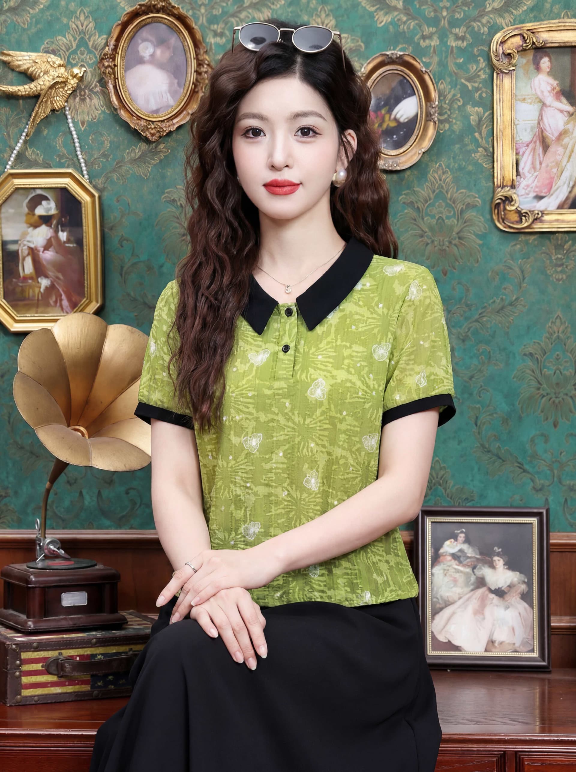 2026 엄마 여름 드레스 쉬폰 반팔 티셔츠 새로운 외국 가스 연령 감소 배색 베이비 칼라 중년 여성 루즈핏 표지 상세 이미지 3