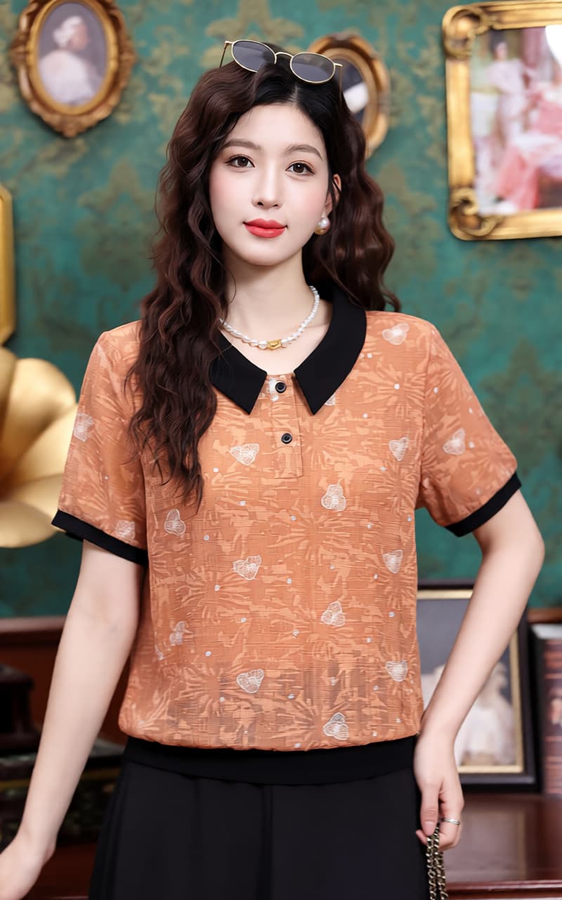 2026 엄마 여름 드레스 쉬폰 반팔 티셔츠 새로운 외국 가스 연령 감소 배색 베이비 칼라 중년 여성 루즈핏 표지 상세 이미지 8