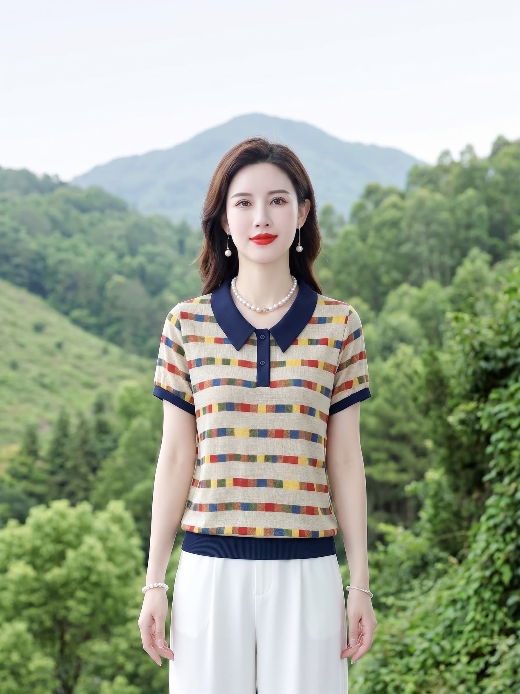 2026 엄마 여름 드레스 쉬폰 반팔 티셔츠 새로운 외국 가스 연령 감소 배색 베이비 칼라 중년 여성 루즈핏 표지 이미지 2