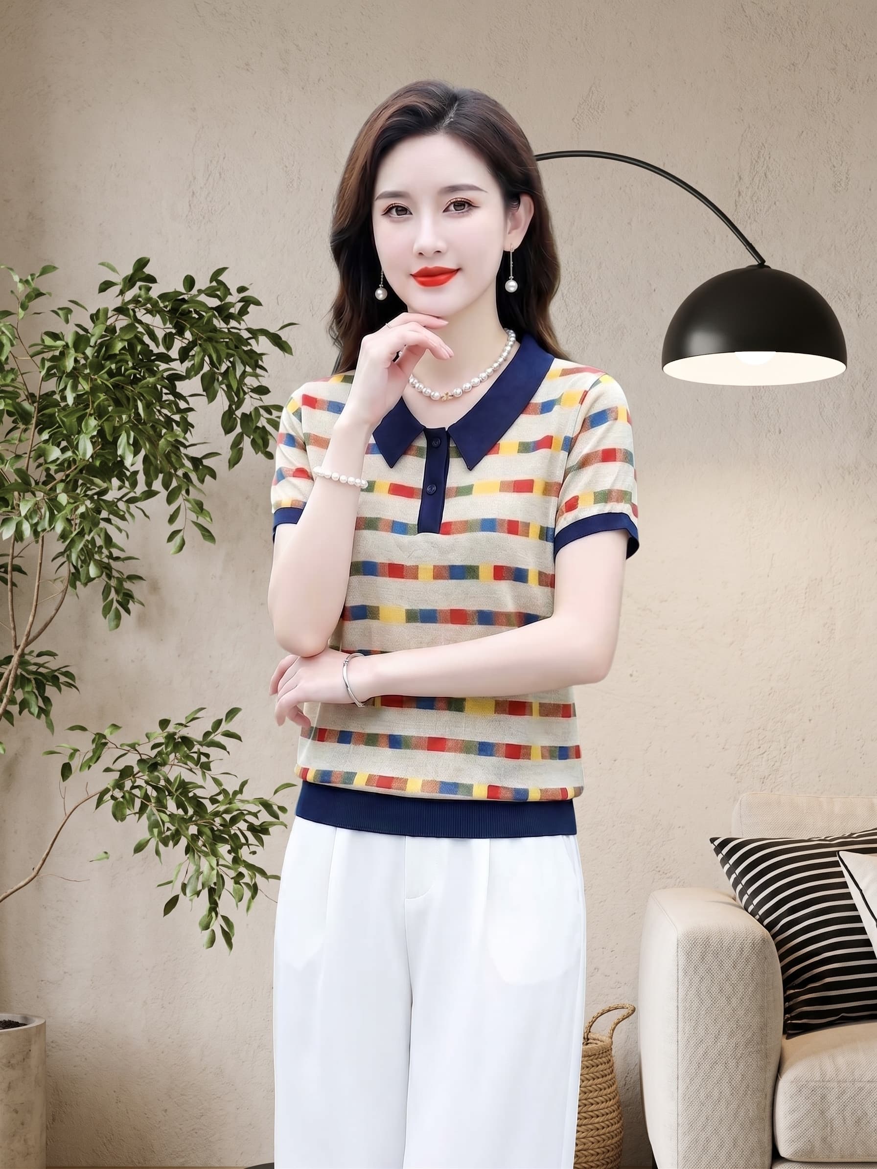 2026 엄마 여름 드레스 쉬폰 반팔 티셔츠 새로운 외국 가스 연령 감소 배색 베이비 칼라 중년 여성 루즈핏 표지 이미지 4