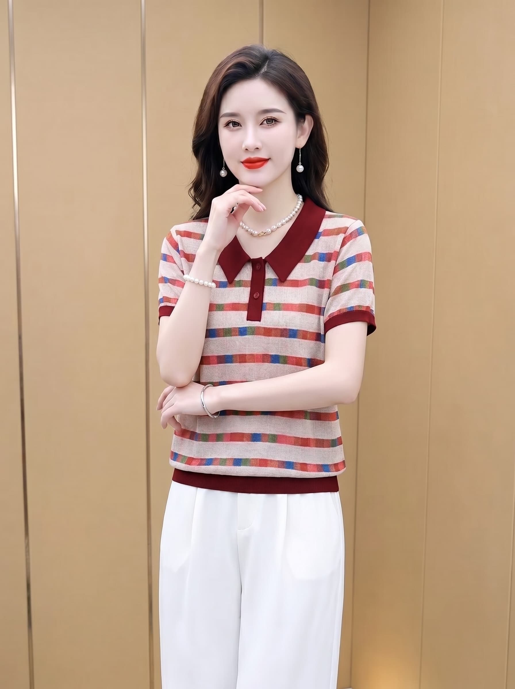 2026 엄마 여름 드레스 쉬폰 반팔 티셔츠 새로운 외국 가스 연령 감소 배색 베이비 칼라 중년 여성 루즈핏 표지 이미지 5