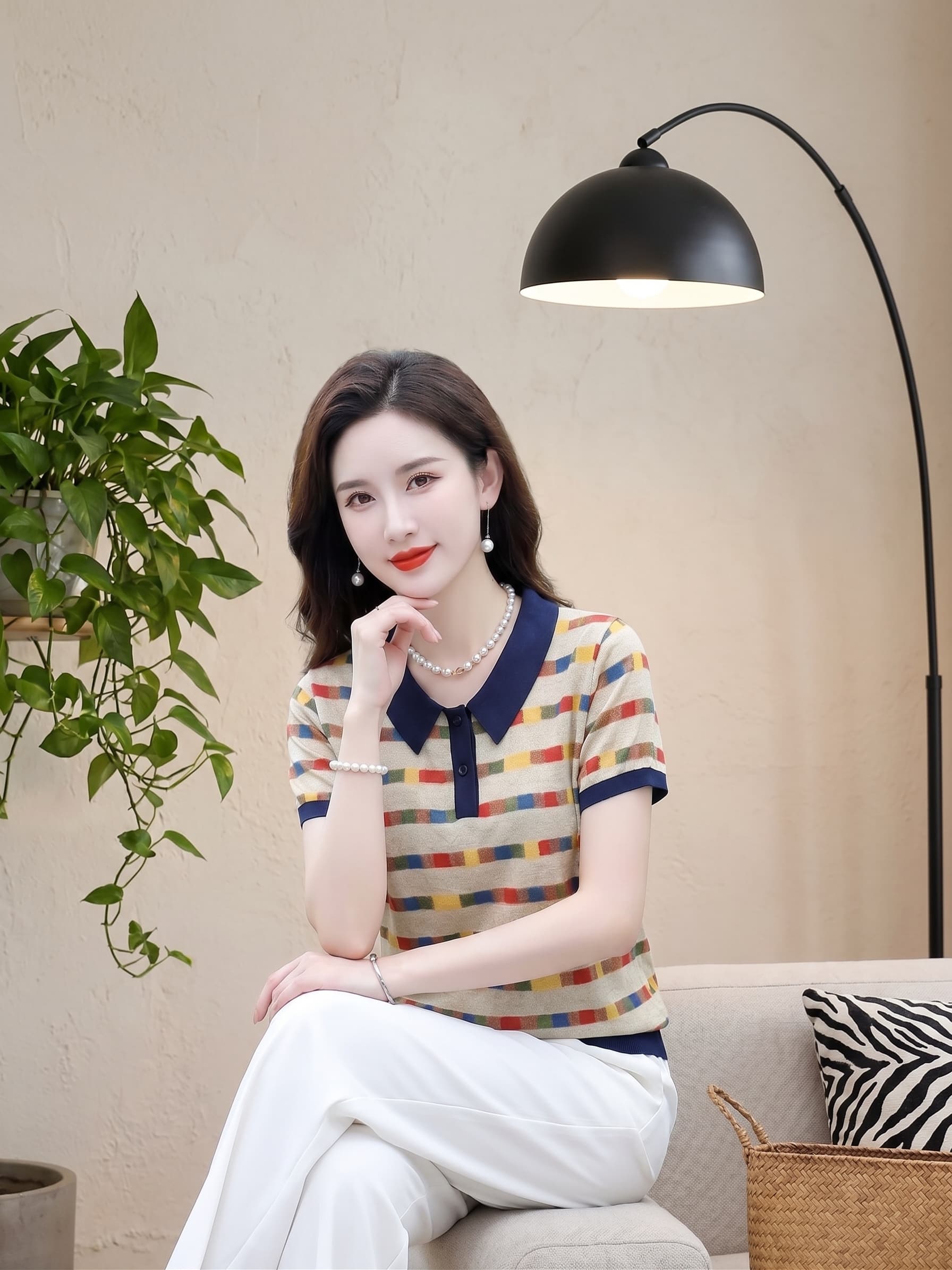 2026 엄마 여름 드레스 쉬폰 반팔 티셔츠 새로운 외국 가스 연령 감소 배색 베이비 칼라 중년 여성 루즈핏 표지 상세 이미지 2