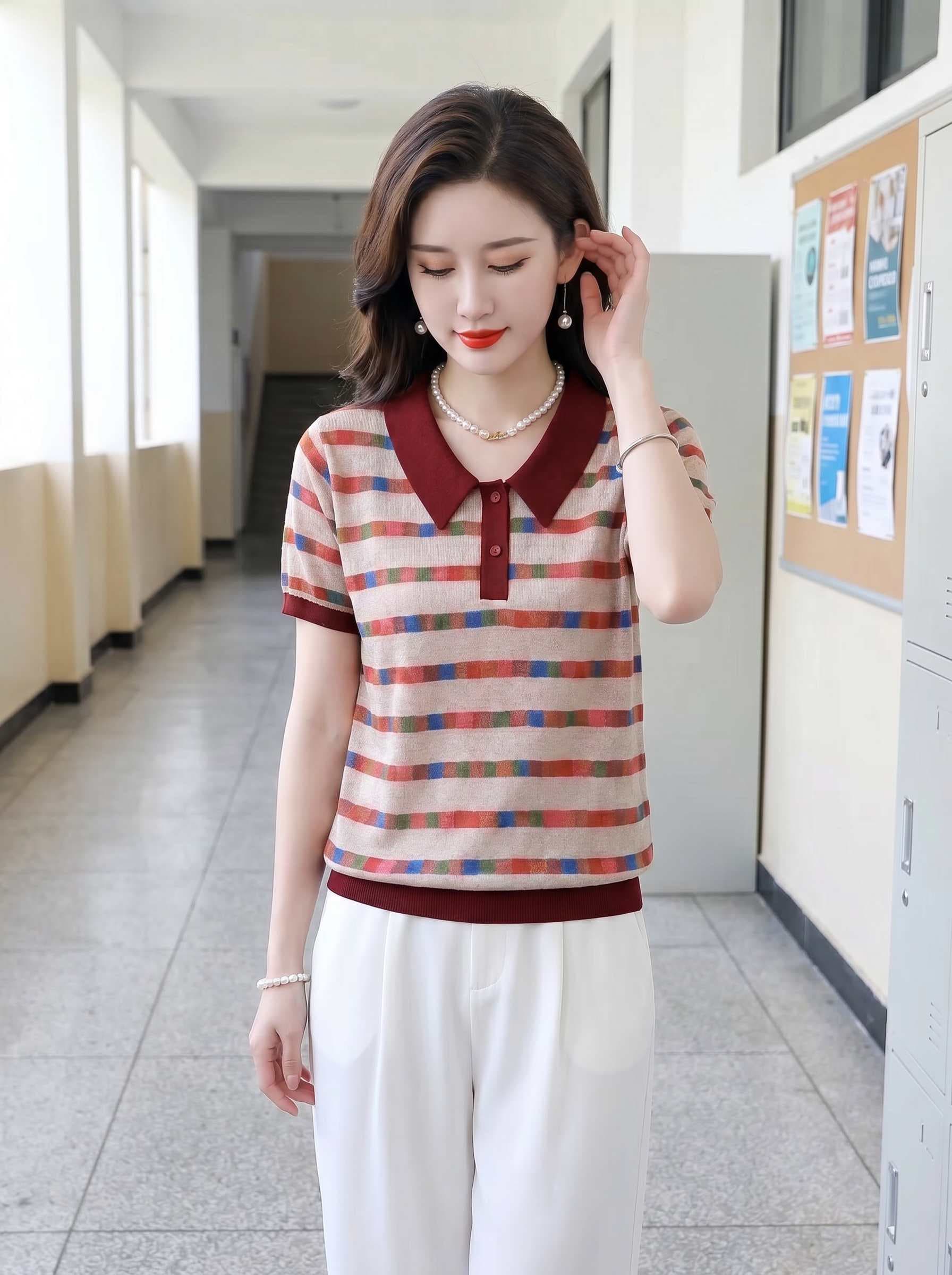 2026 엄마 여름 드레스 쉬폰 반팔 티셔츠 새로운 외국 가스 연령 감소 배색 베이비 칼라 중년 여성 루즈핏 표지 상세 이미지 6